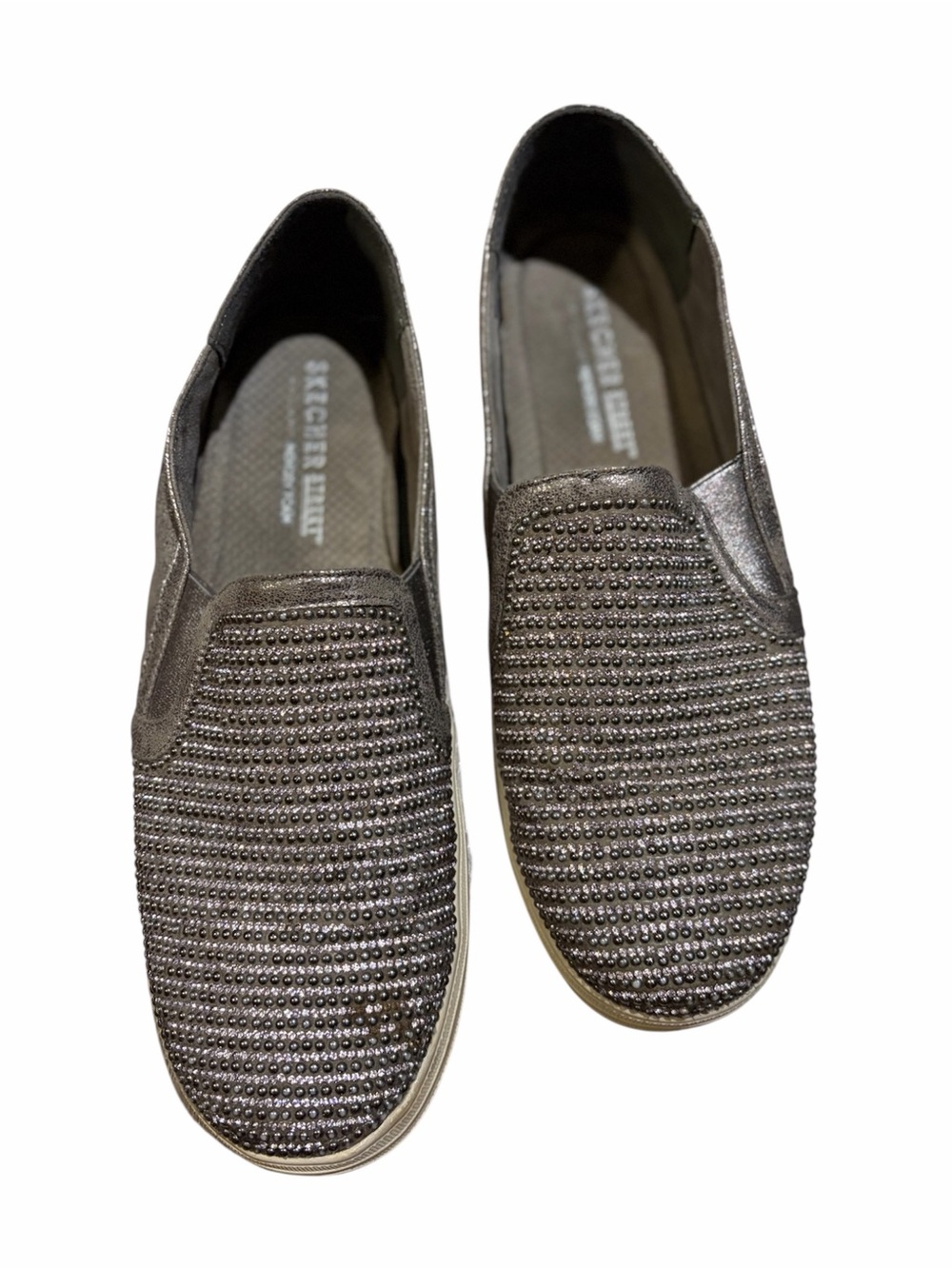 Skechers Slip-On Rhinestone Flats in Metallic Gunmetal Size 10